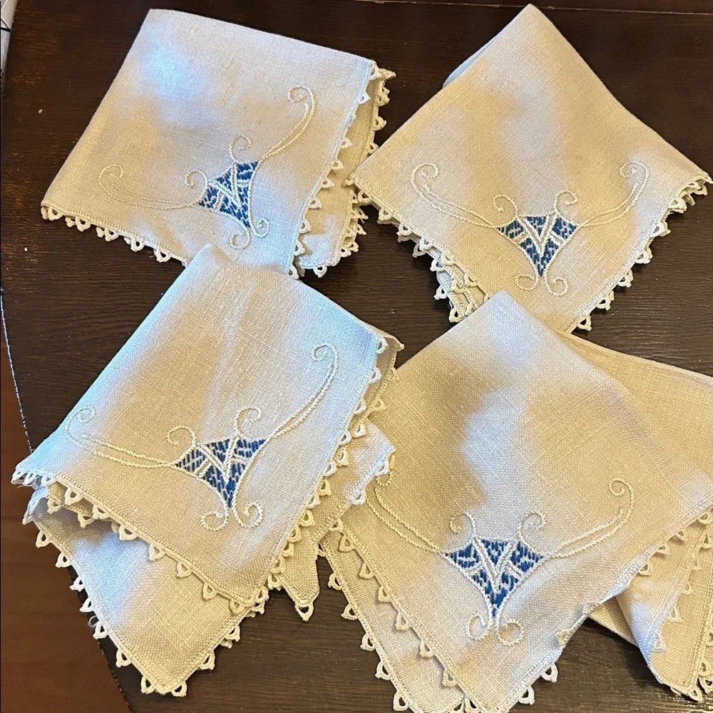 Vintage Stitched Linen Napkins with V Initial